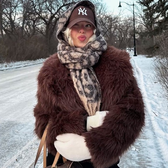 Brown Faux Fur Coat warm shaggy feathered jacket fluffy blazer